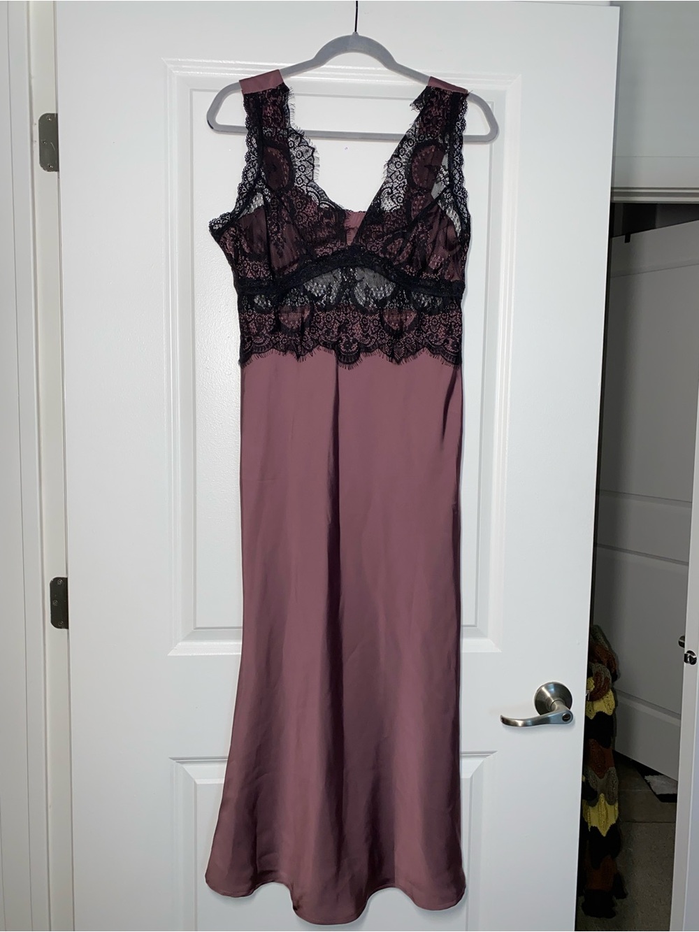 Mauve Satin Chemise with Black Lace Trim